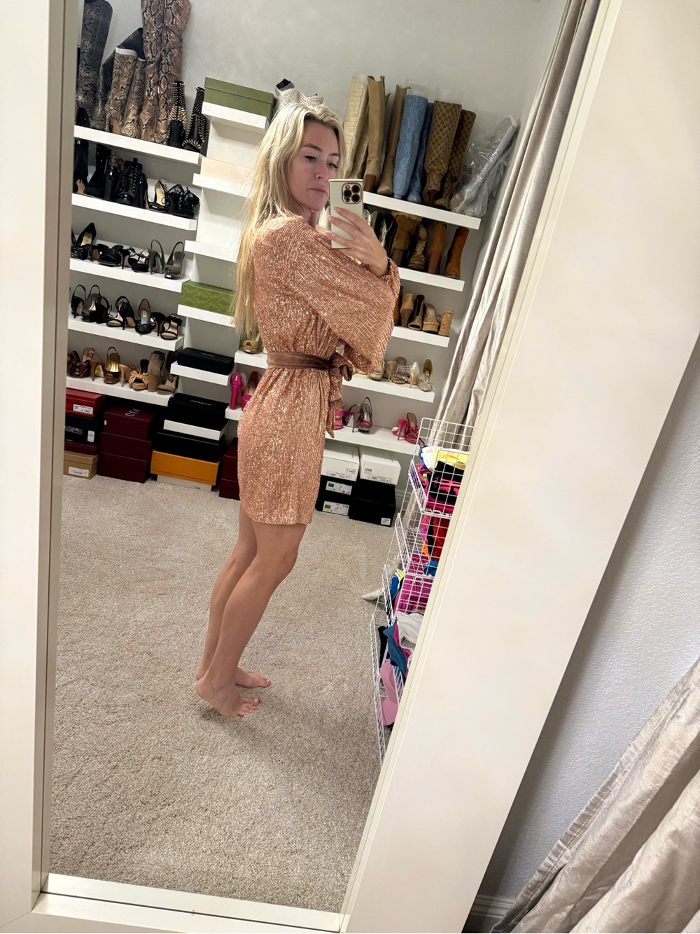 Vici Rose Gold Sequin Wrap Romper with Velvet Tie - Picture 4 of 8